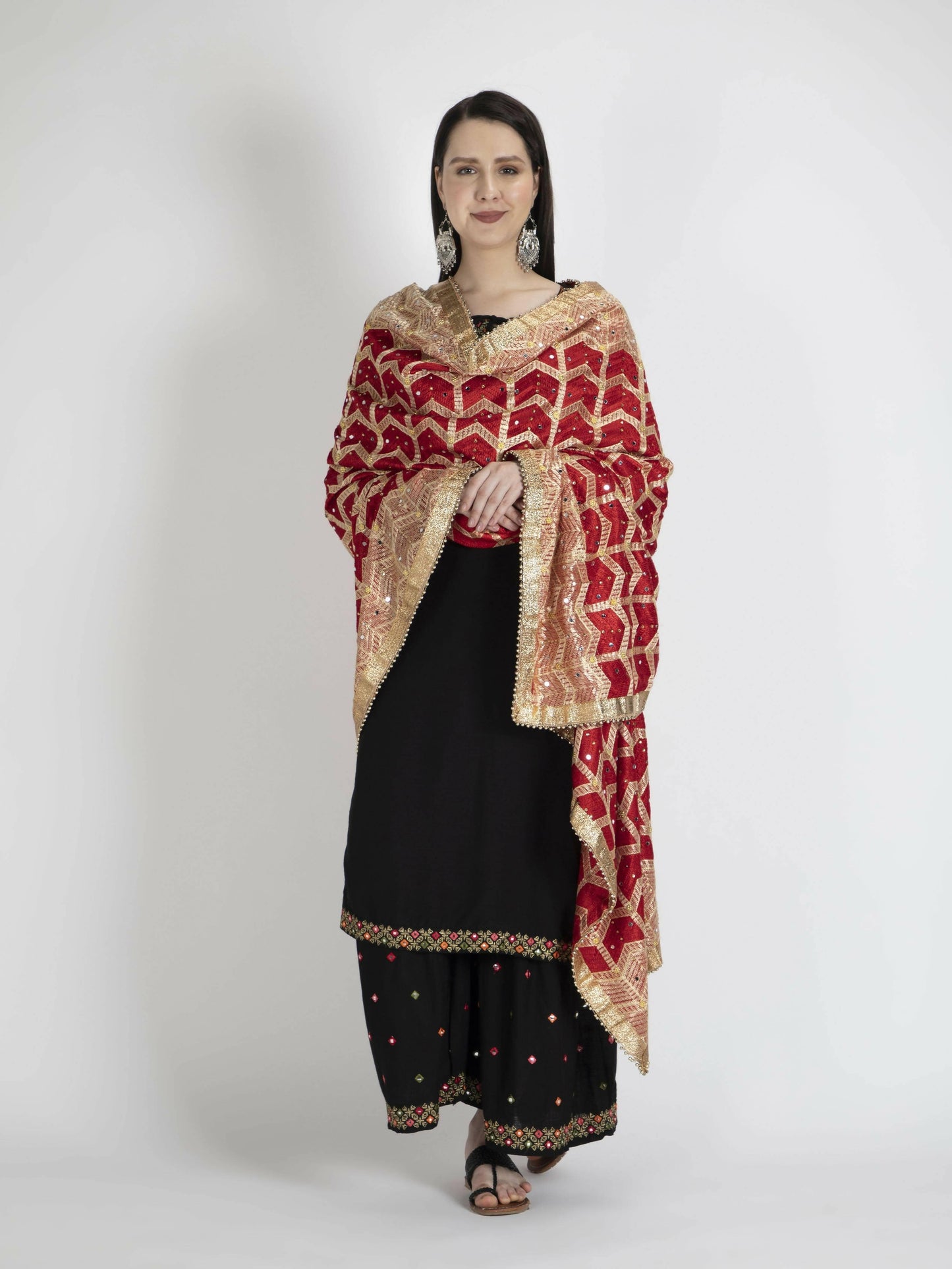 Red Phulkari dupatta with Heavy Lace (multi color design) - HalfPe