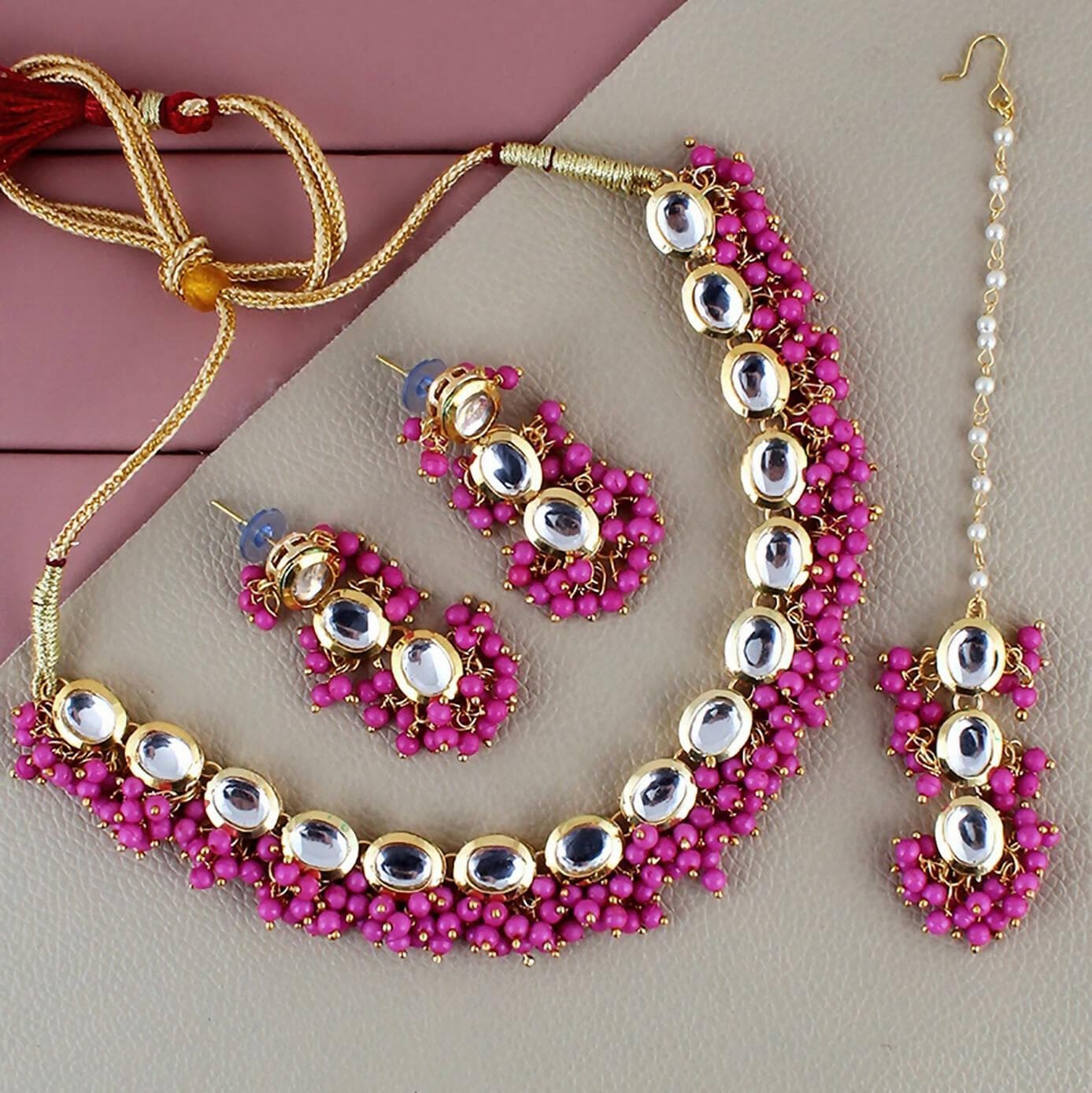 LUCKY JEWELLERY Back Meenakari 18k Gold Plated Magenta Color Tika Earring Combo Uncut Big Faux Kundan Choker Necklace set - HalfPe