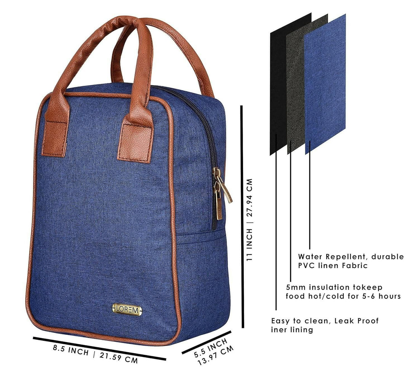 Lorem Blue Linen Textured Insulated Tiffin Bag/Lunch Bag for Men & Women - HalfPe