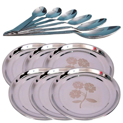 SHINI LIFESTYLE Stainless Steel Heavy Gauge Dinner Plates With Spoons (Pack of 12) - HalfPe