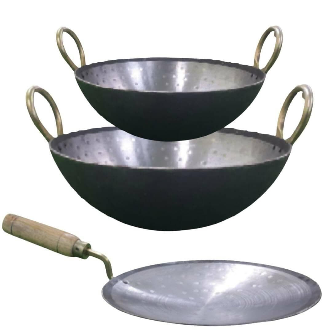 SHINI LIFESTYLE Iron Kadai Loha deep Bottom of 30cm and 22cm diameter with Loha Tawa (combo pack of 3) - HalfPe