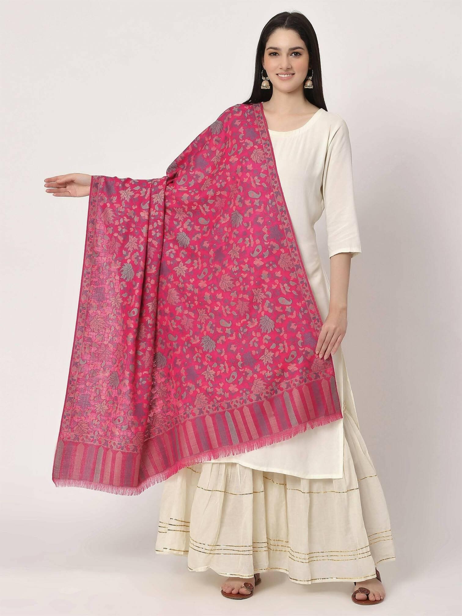 Magenta Fine Wool Kani Multiweave Shawl for women - HalfPe