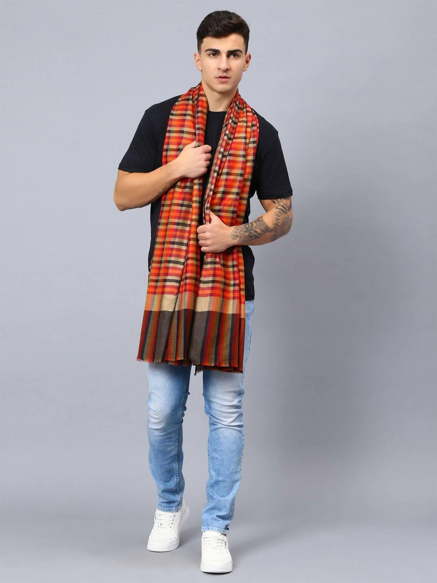 Stylish Check Shawl For men (Orange) - HalfPe