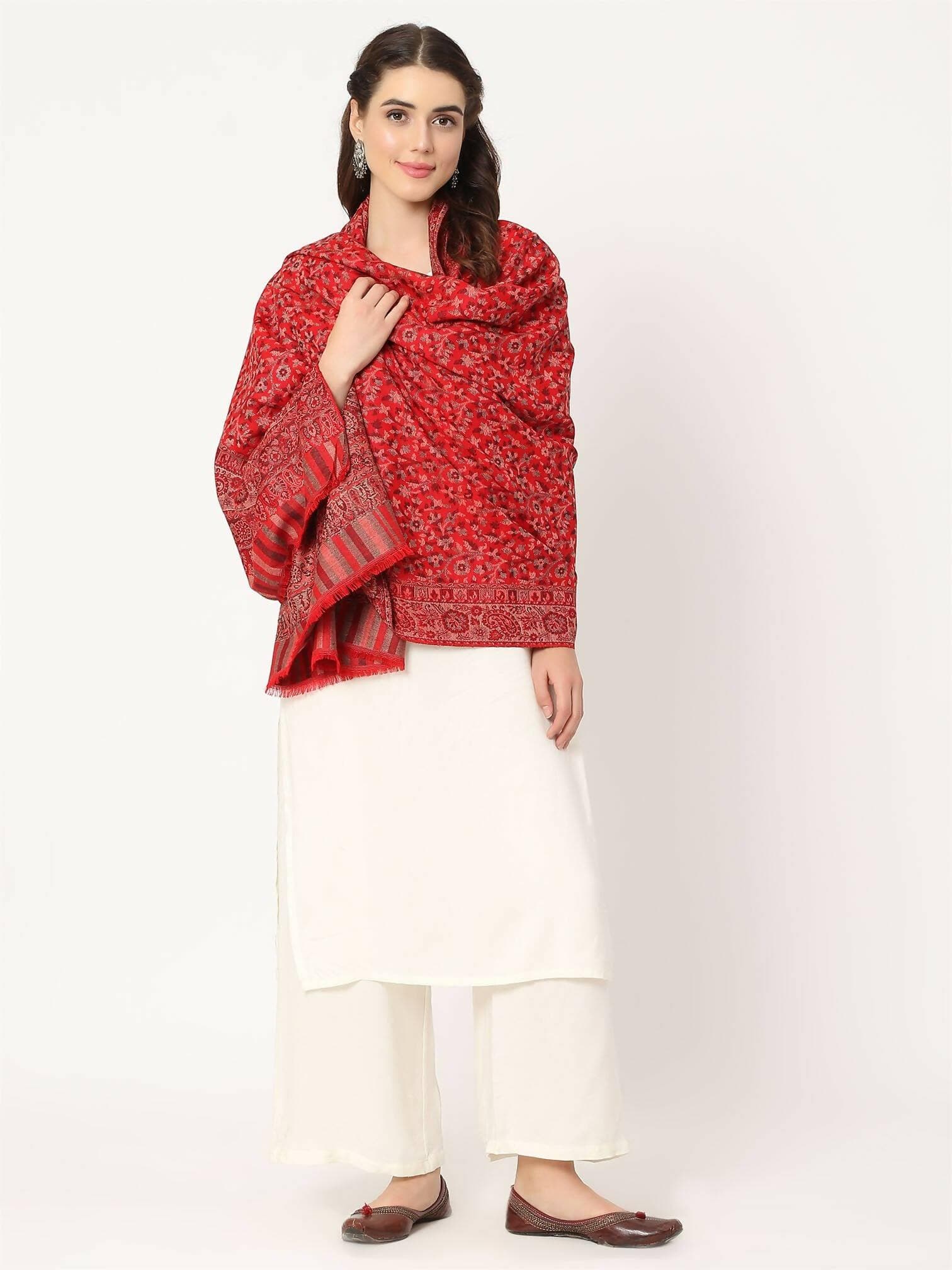 Red Pure Wool Kani Multiweave Shawl for women - HalfPe