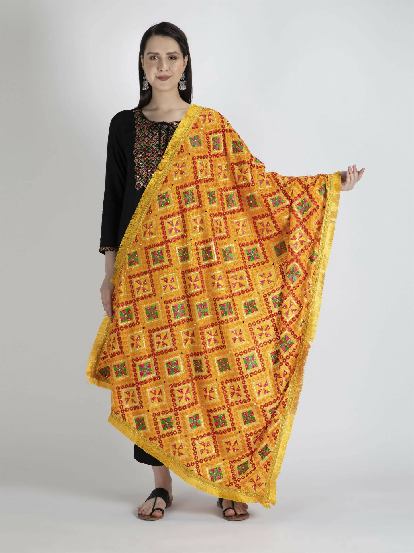 Multicolour design Phulkari dupatta with Heavy Lace (Yellow) - HalfPe