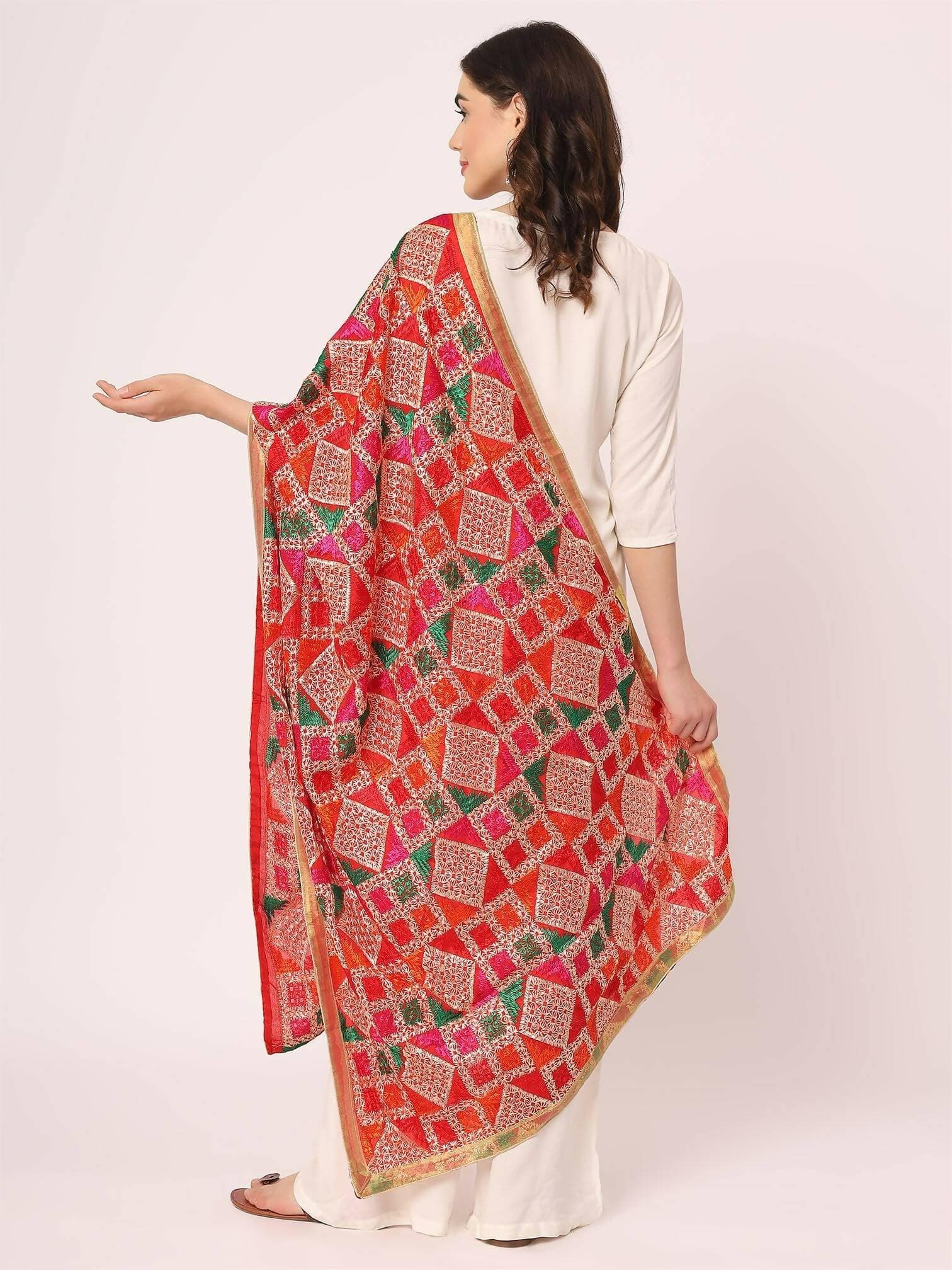 Red Multicolour Embroidery Phulkari Dupatta - HalfPe