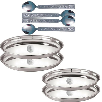 Stainless Steel Thali Set of /Dinner Heavy Weight Quality Round Plates with Table Spoon Set (8) - HalfPe