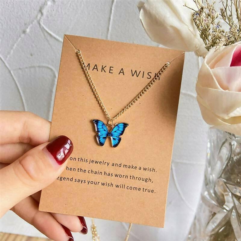 Pinapes Trendy Fashion Butterfly Make a Wish Card Fashion Necklace Chain for Women & Girls - HalfPe