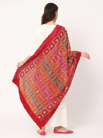 Maroon Multicolour Embroidery Phulkari Dupatta with Mirror Work - HalfPe