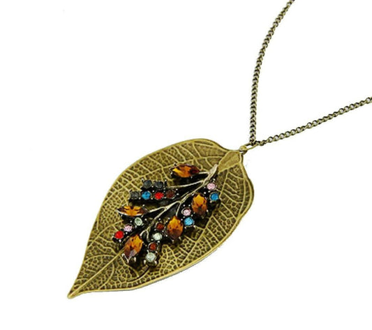 SENECIO Luxury Vintage Leaves Multicolor Rhinestone Studded Colourful Bronze Necklace - HalfPe