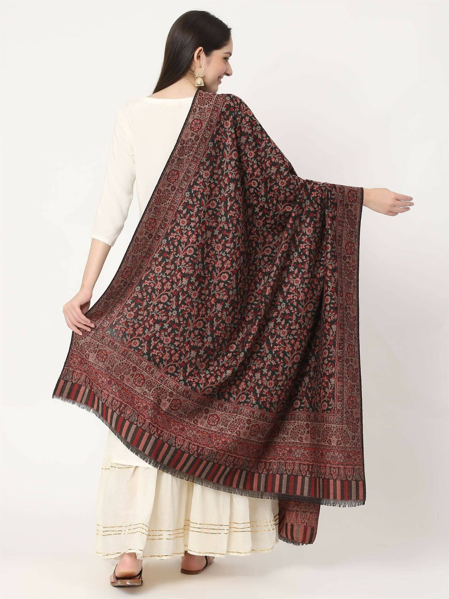 Black Pure Wool Kani Multiweave Shawl for women - HalfPe