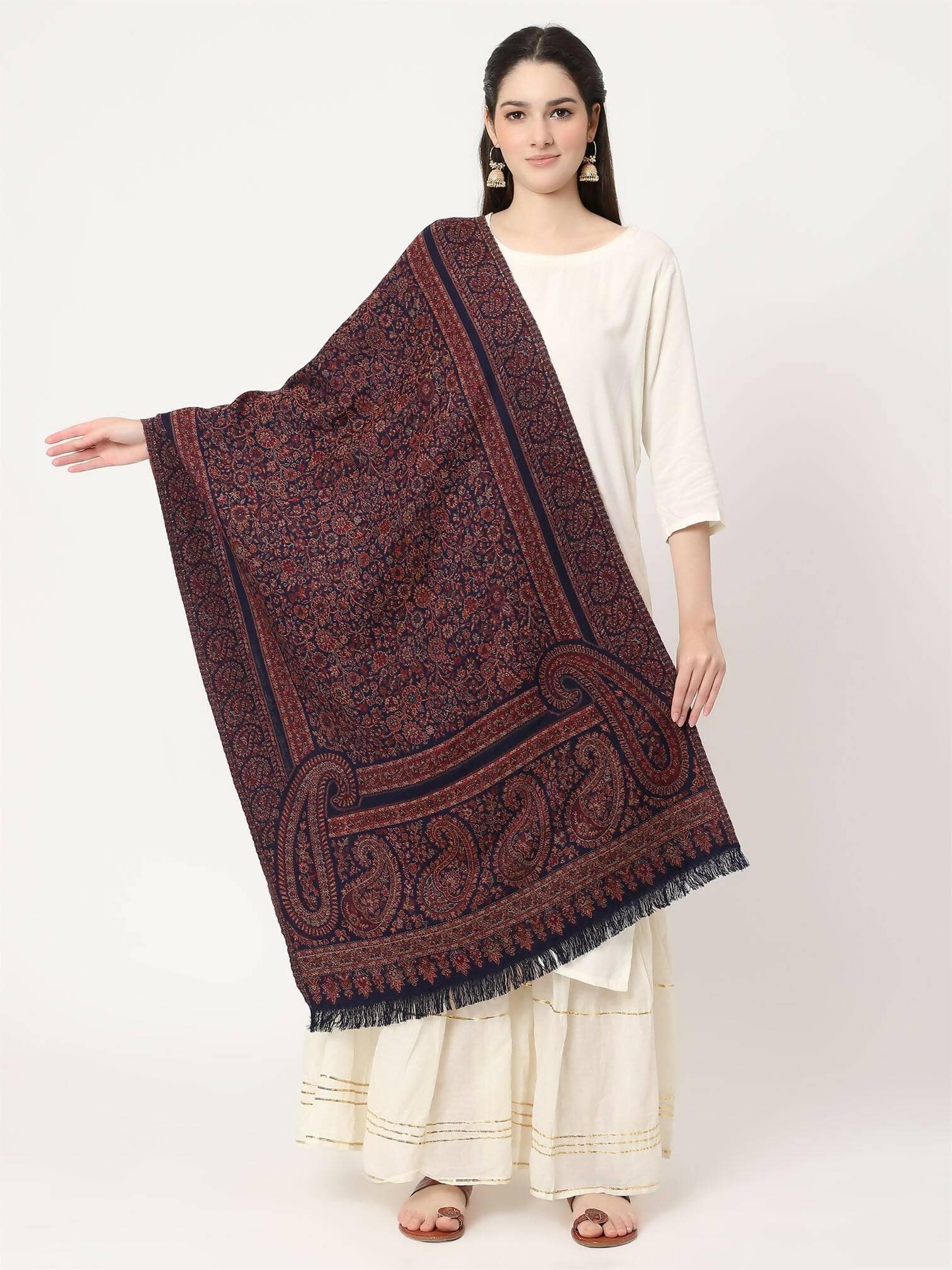 Navy Blue and Brown Paisley Wool Stole for women - HalfPe