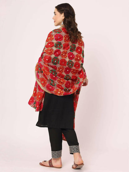 Red Multicolour Embroidery Phulkari Dupatta - HalfPe