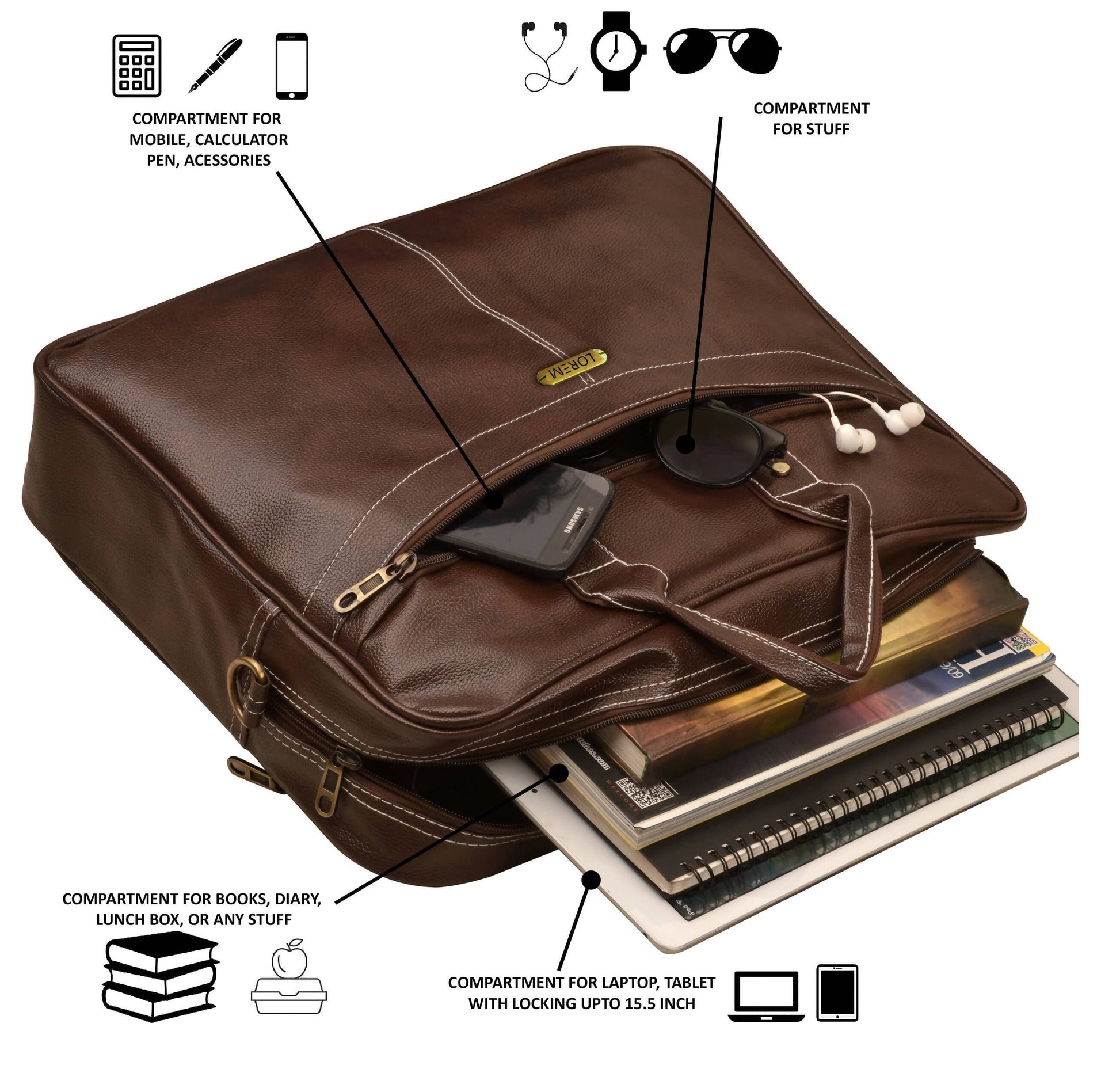 LOREM Brown Faux Leather Laptop Messenger Bag for Men & Women (10 L) - HalfPe