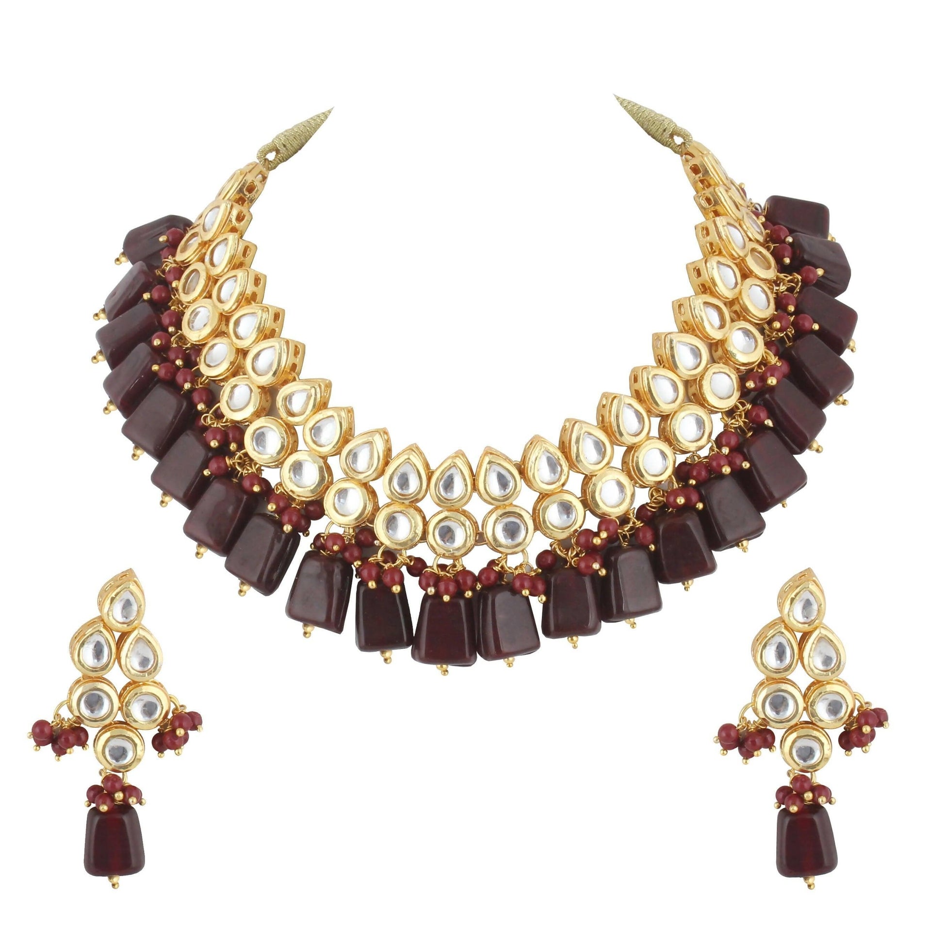 LUCKY JEWELLERY Back Meenakari 18k Gold Plated Maroon Color Earring Combo Uncut Big Faux Kundan Choker Necklace set - HalfPe