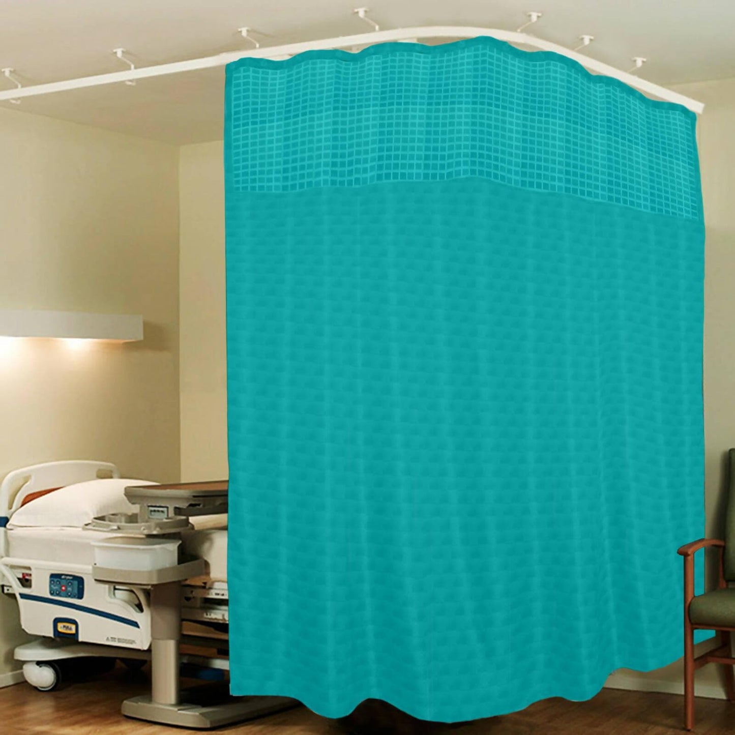 Hospital Partition Curtains, Clinic Curtains Size 10 FT W x 7 ft H, Channel Curtains with Net Fabric, 100% polyester 20 Rustfree Metal Eyelets 20 Plastic Hook, Dark Green, Box (10x7 FT) - HalfPe