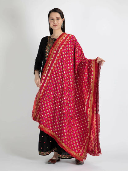 Phulkari Dupatta with Mirror Work (Magenta Red ) - HalfPe