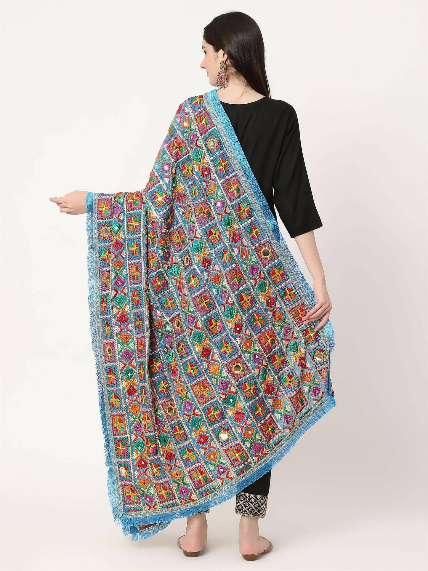 Ferozi Mullticolour Embroidery Phulkari Dupatta with Mirror Work - HalfPe