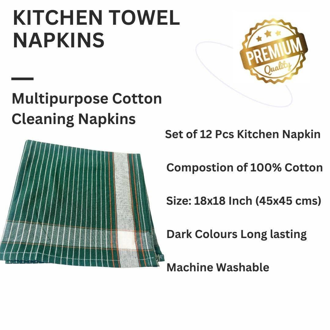 Cleaning Machine Washable Multipurpose Cotton Checked And Stripe Kitchen Towel Napkins, Modern kitchen accessories items, Napkins, Roti Clothes Wrap duster, 18x18 Inch, Set of 12, Stripe Green - HalfPe