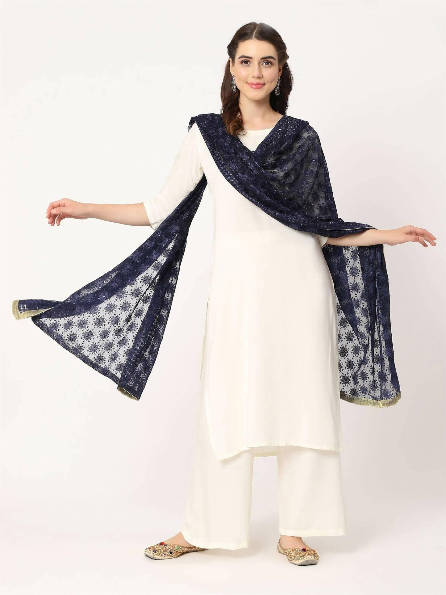 Navy Blue Sequined Phulkari Embroidery Dupatta - HalfPe