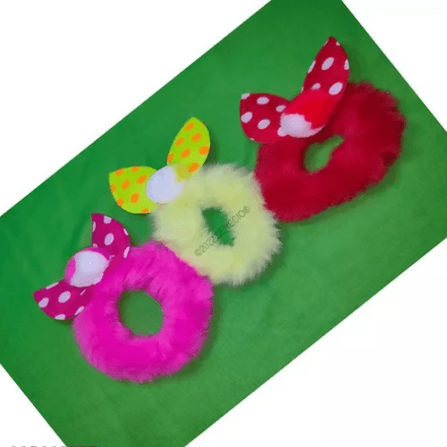 SENECIO Polka Bunny Rabbit Ear Pom Pom Fluffy Fur Rubber Band Hair Tie Scrunchies Random( 3Pc) - HalfPe