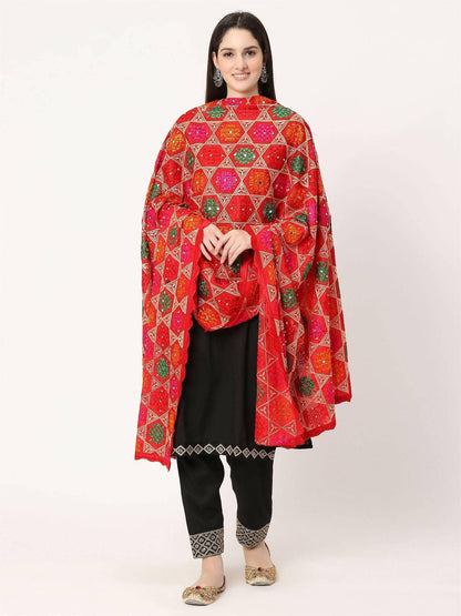 Red Multicolour Phulkari Dupatta With Mirror - HalfPe