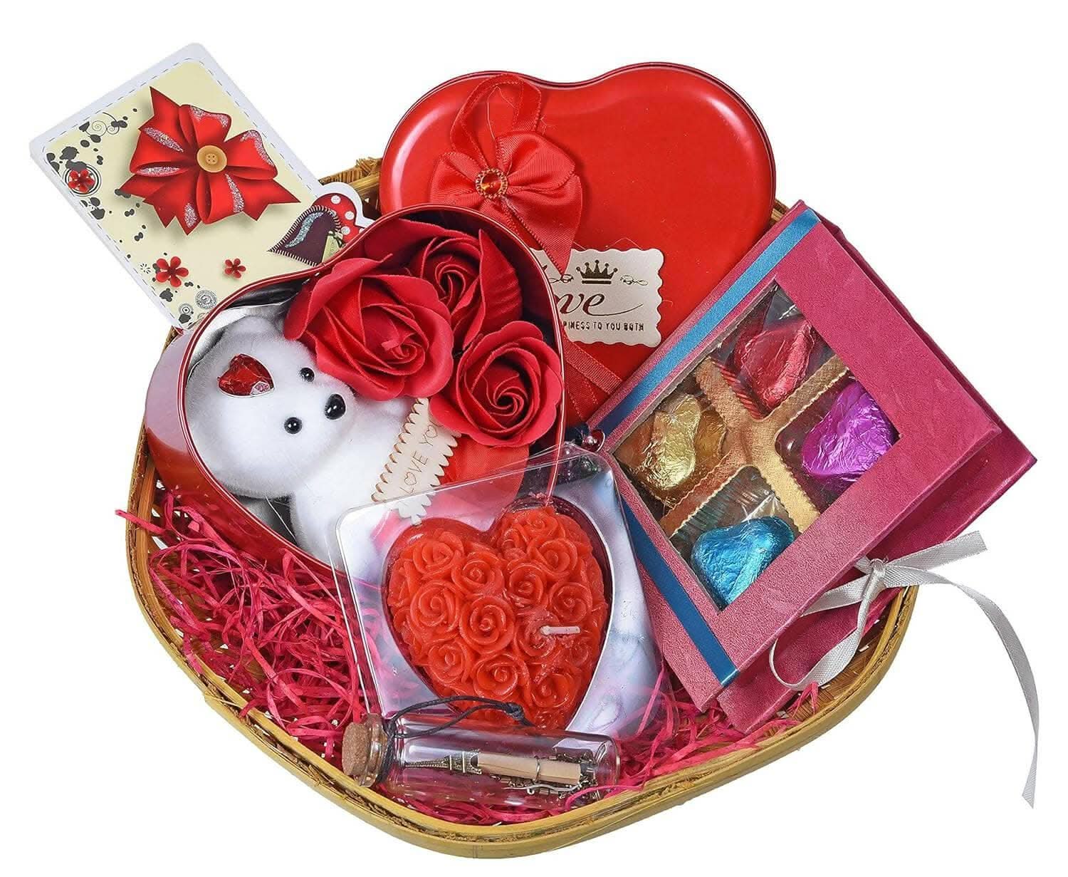 MANTOUSS Valentines Day Gift for Girlfriend/Boyfriend/Husband/Wife/Fiance-Beautiful Basket+Chocolates in a Decorated Box+3pc Roses and Teddy Bear in Heart Box+Message Bottle+Heart Shaped Candle+Card - HalfPe