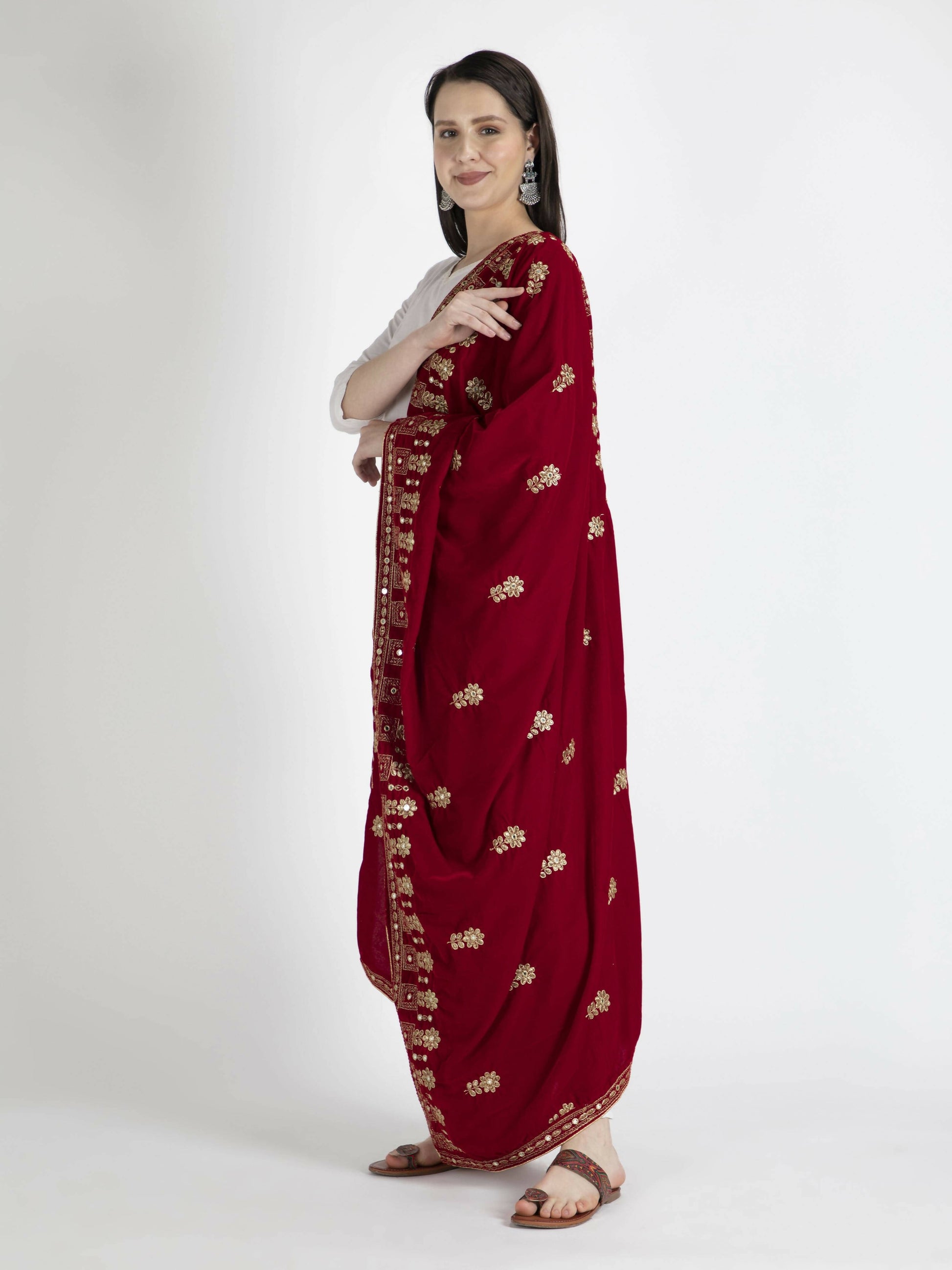 Embroidered Velvet Shawl Dupatta (dark red) - HalfPe