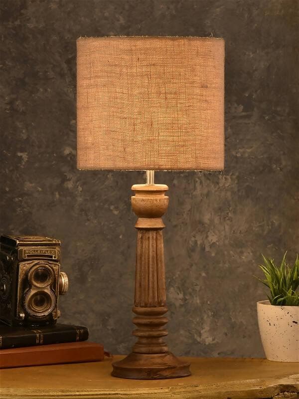 Green Girgit Pillar Brown Lamp With Brown Jute Shade - HalfPe