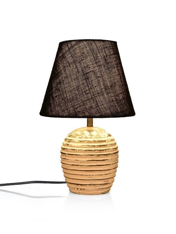 Striped Wooden White Lamp With Black Jute Shade - HalfPe