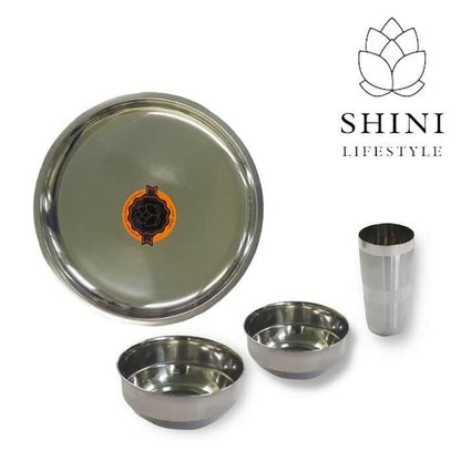 SHINI Lifestyle Stainless Steel Dinner Set with Mirror Finish (Dinner Plates, Big Bowl, Small Bowl, Glass) Dinner Set (Silver) (1 Plates, 1 Big, 1 Small Bowl, 1 Glass) - HalfPe