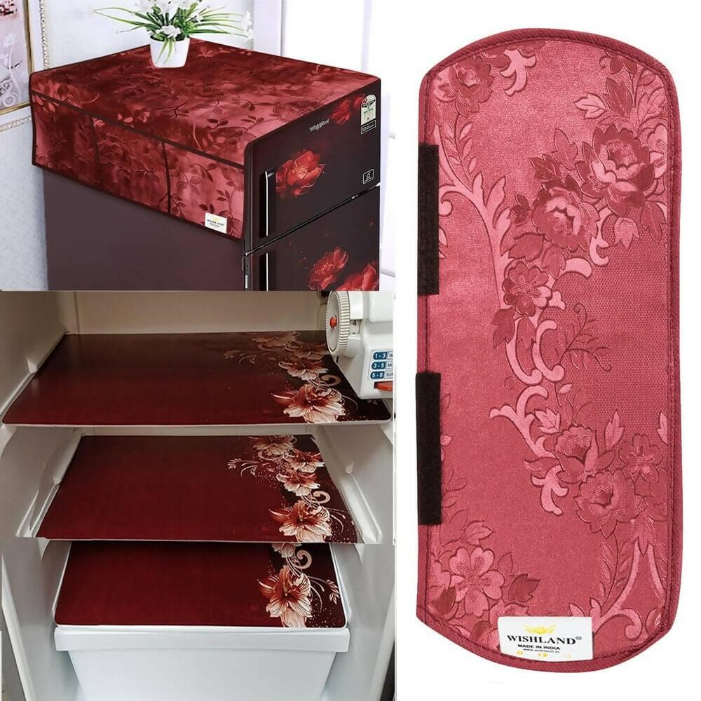 WISHLAND Double Door Fridge Cover Combo Set of 1 Fridge Cover + 1 Fridge Handle Cover + 3 Multipurpose Fridge Mats (Brown) - HalfPe