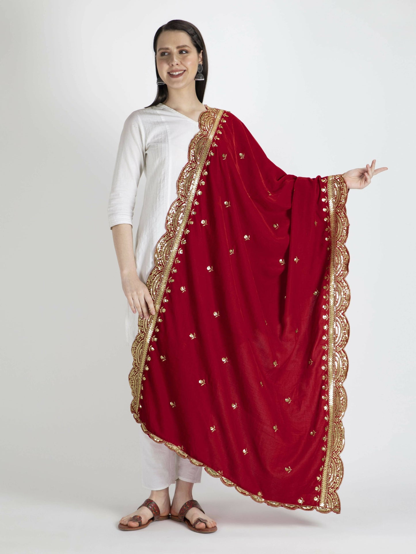 Red Embroidered Velvet Shawl Dupatta for women - HalfPe