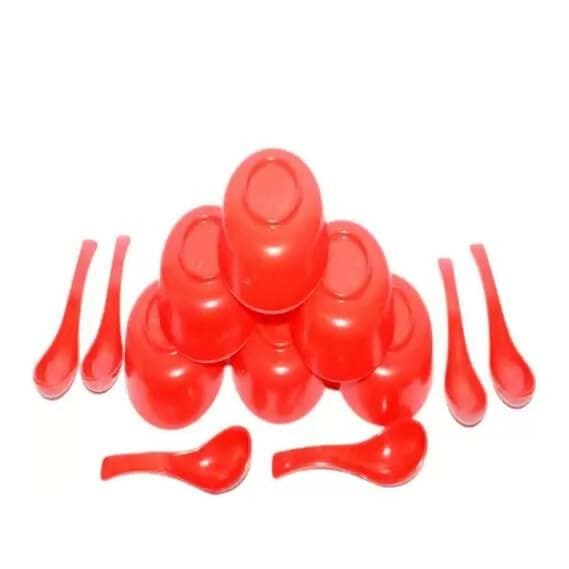 Plastic Soup Bowl-Spoon 6 Bowls and 6 Spoons (Red, 12 pcs, 2 sets) - HalfPe