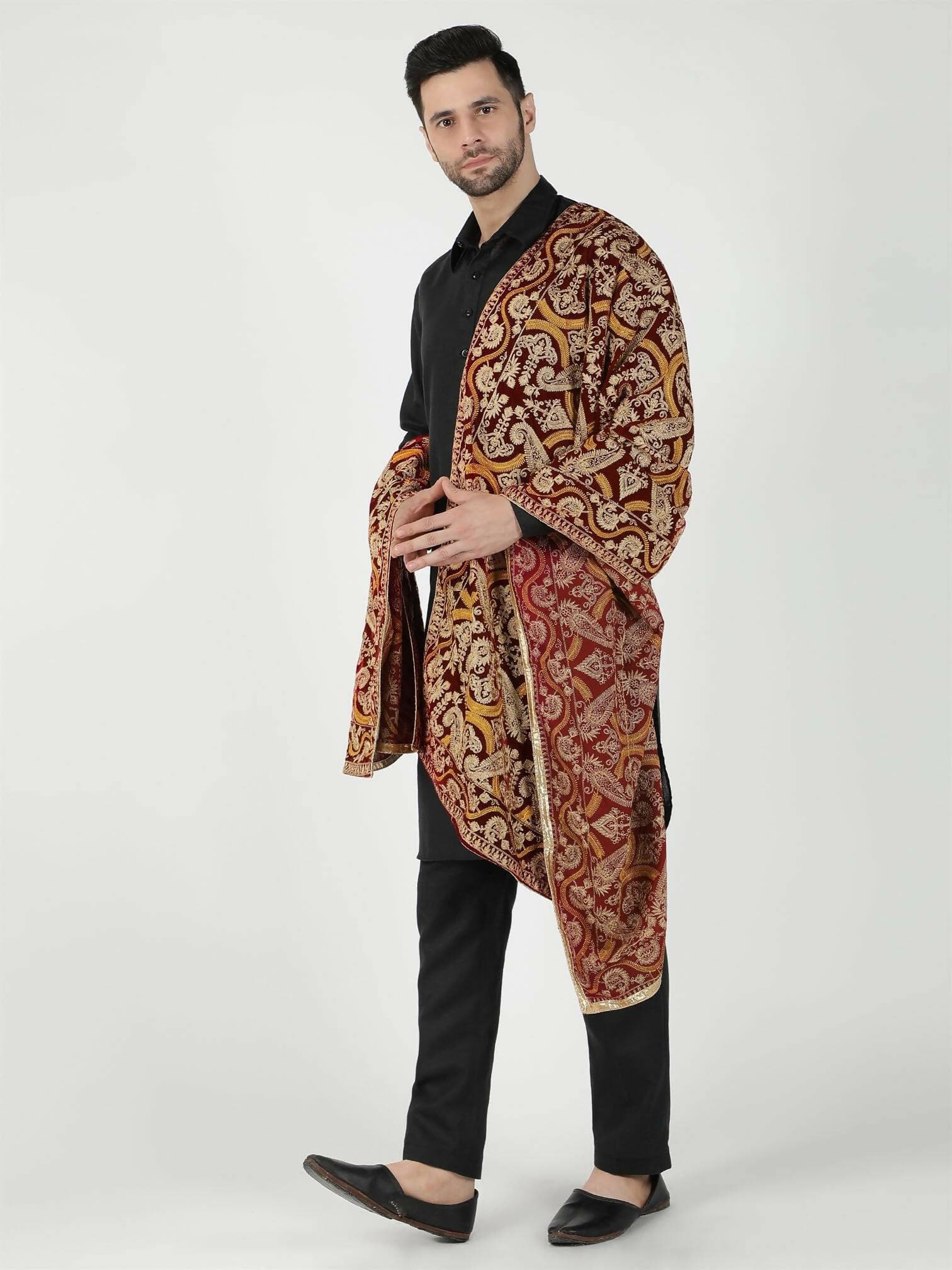 Maroon and Mustard Paisley Patterned Embroidered Velvet Shawl - HalfPe