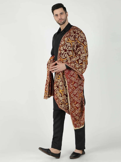 Maroon and Mustard Paisley Patterned Embroidered Velvet Shawl - HalfPe