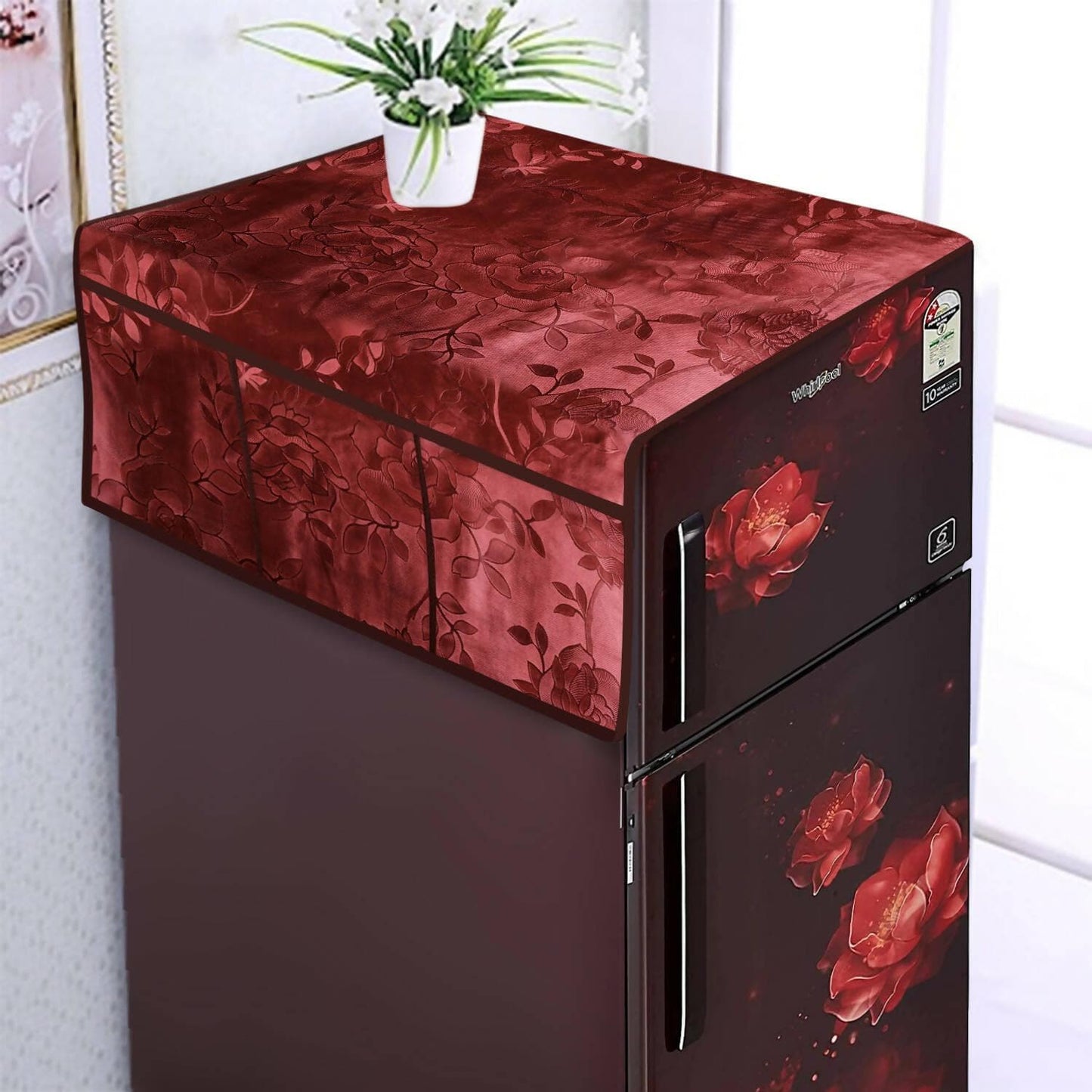 WISHLAND 1 Pc Fridge Cover for Top with 6 Pockets + 2 Handle Cover + 4 Fridge Mats( Fridge Cover Combo Set of 7 Pcs, red) - HalfPe