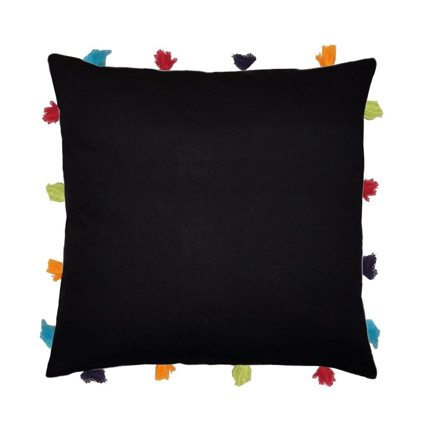 Lushomes cushion cover 14x14, boho cushion covers, sofa pillow cover, cushion covers with tassels, cushion cover with pom pom (14x14 Inches, Set of 5, Black ) - HalfPe