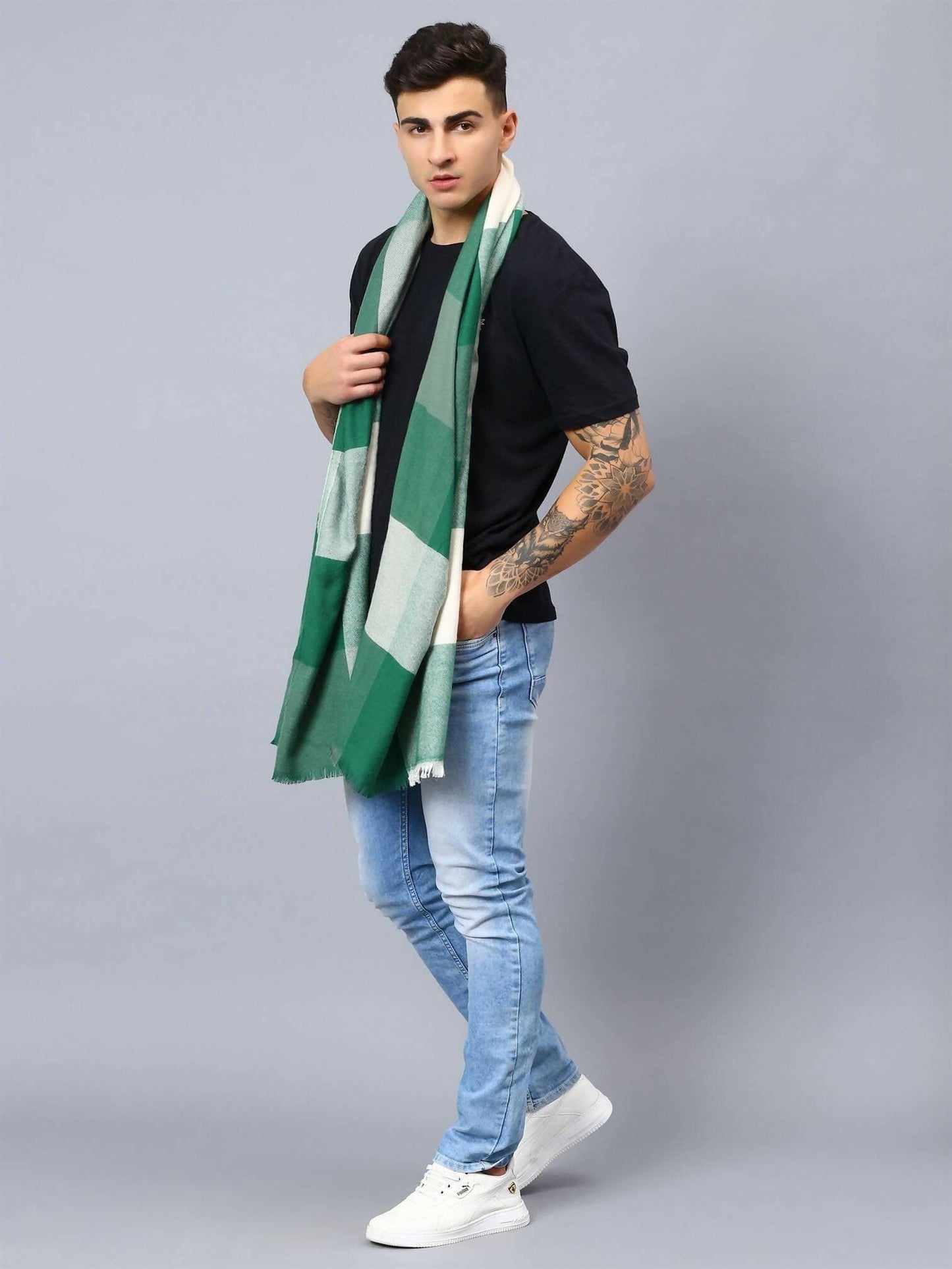 Bottle Green and White Unisex Pashmina Stole - HalfPe