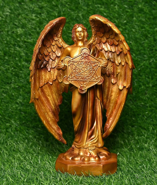 KariGhar Archangel Judaism Metatron Statue Idol Perfect Reiki Healing Angel Holding Sacred Flower of Life Geometric Cube Statue Gold (9 x 10 x 26 CM) - HalfPe