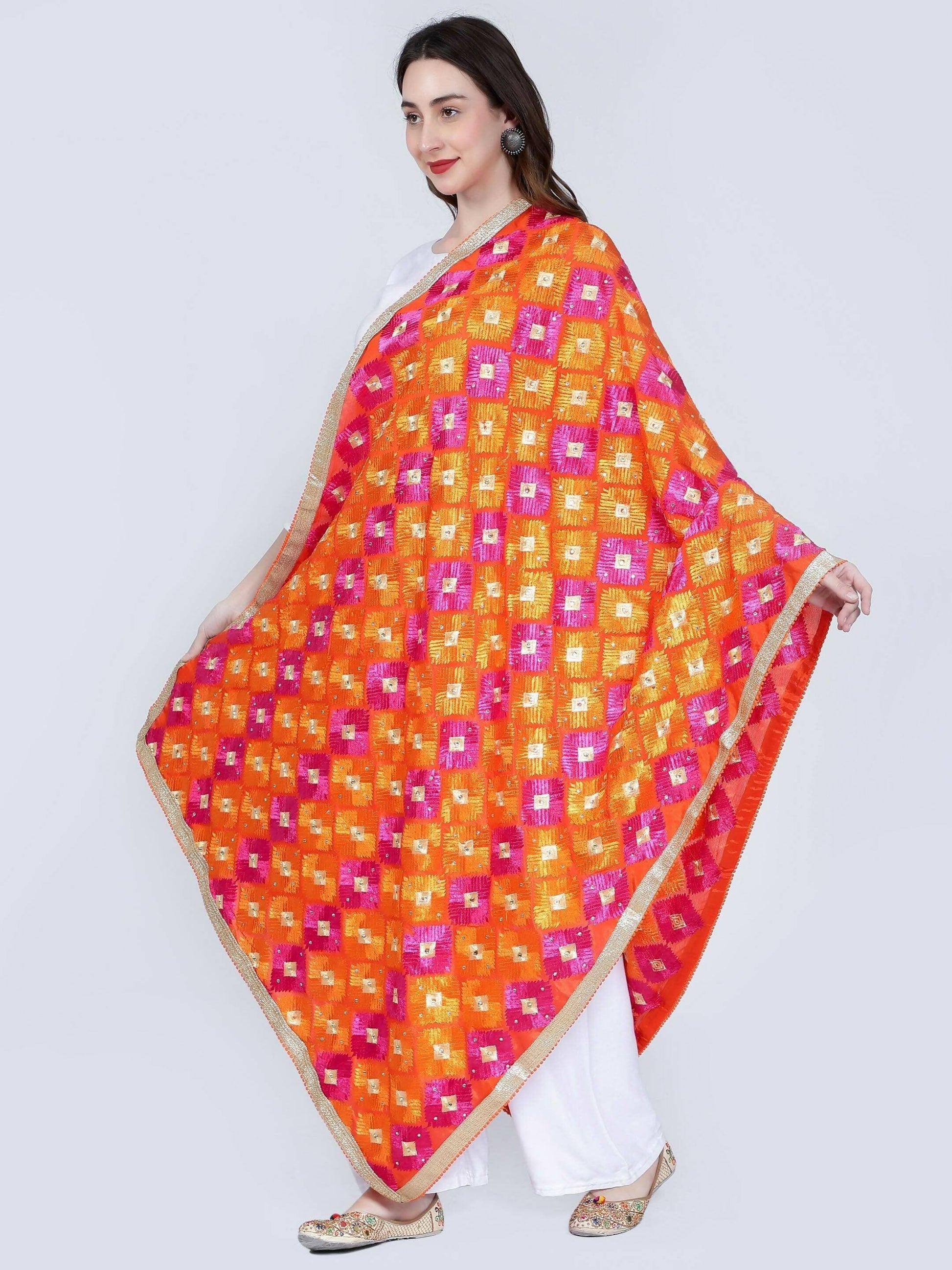 Multicolour Phulkari Dupatta (Orange and Magenta) - HalfPe