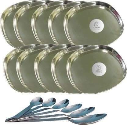 SHINI LIFESTYLE Stainless Steel Serving Plate With Table Spoon (Pack of 10) - HalfPe