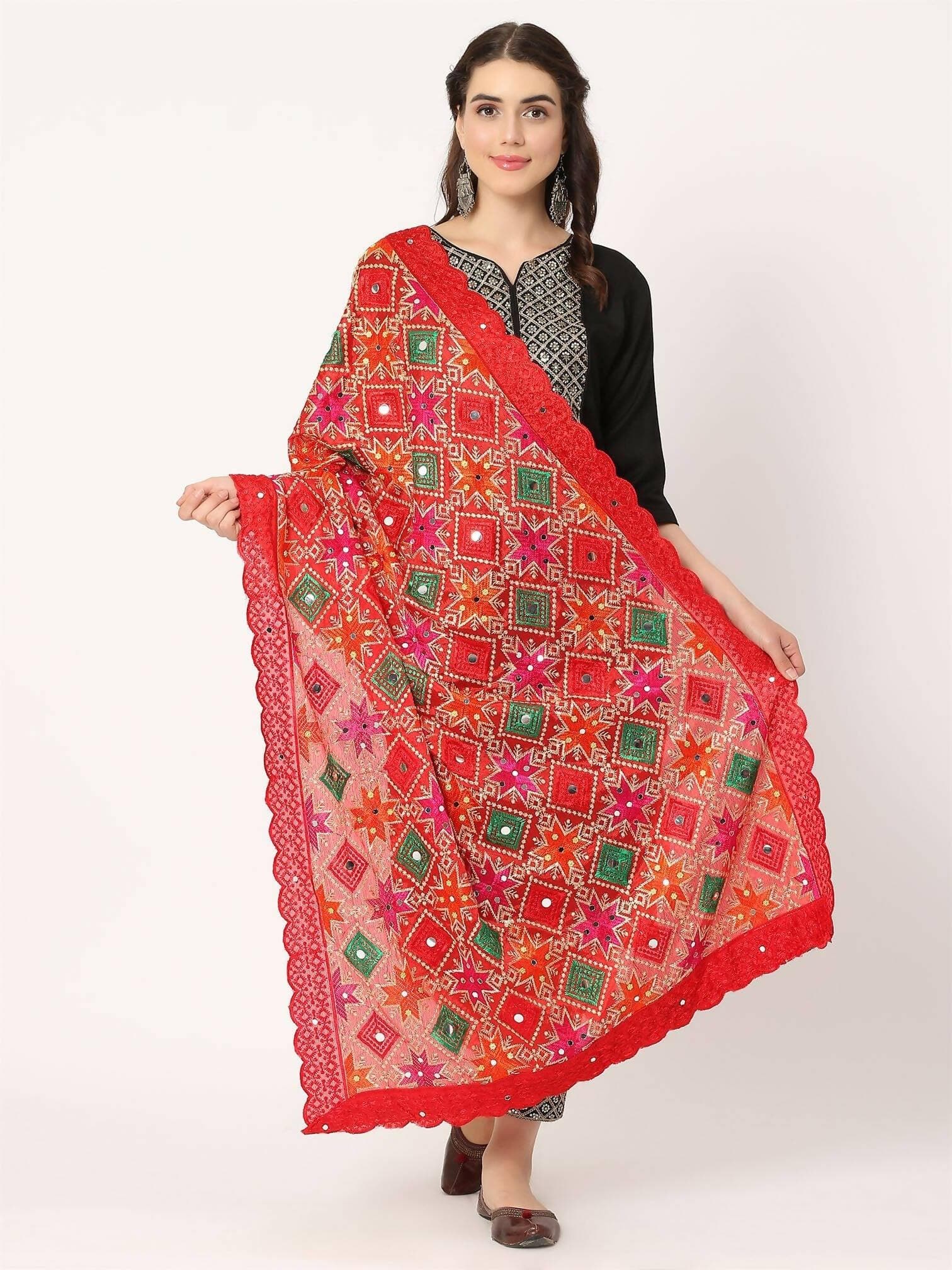 Red Multicolour Embroidery Phulkari Dupatta with Mirror Work - HalfPe