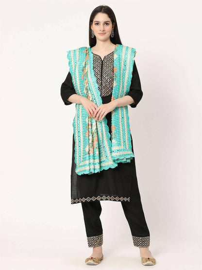 Green Embroidery Phulkari Dupatta with Golden Beads and Mirror - HalfPe