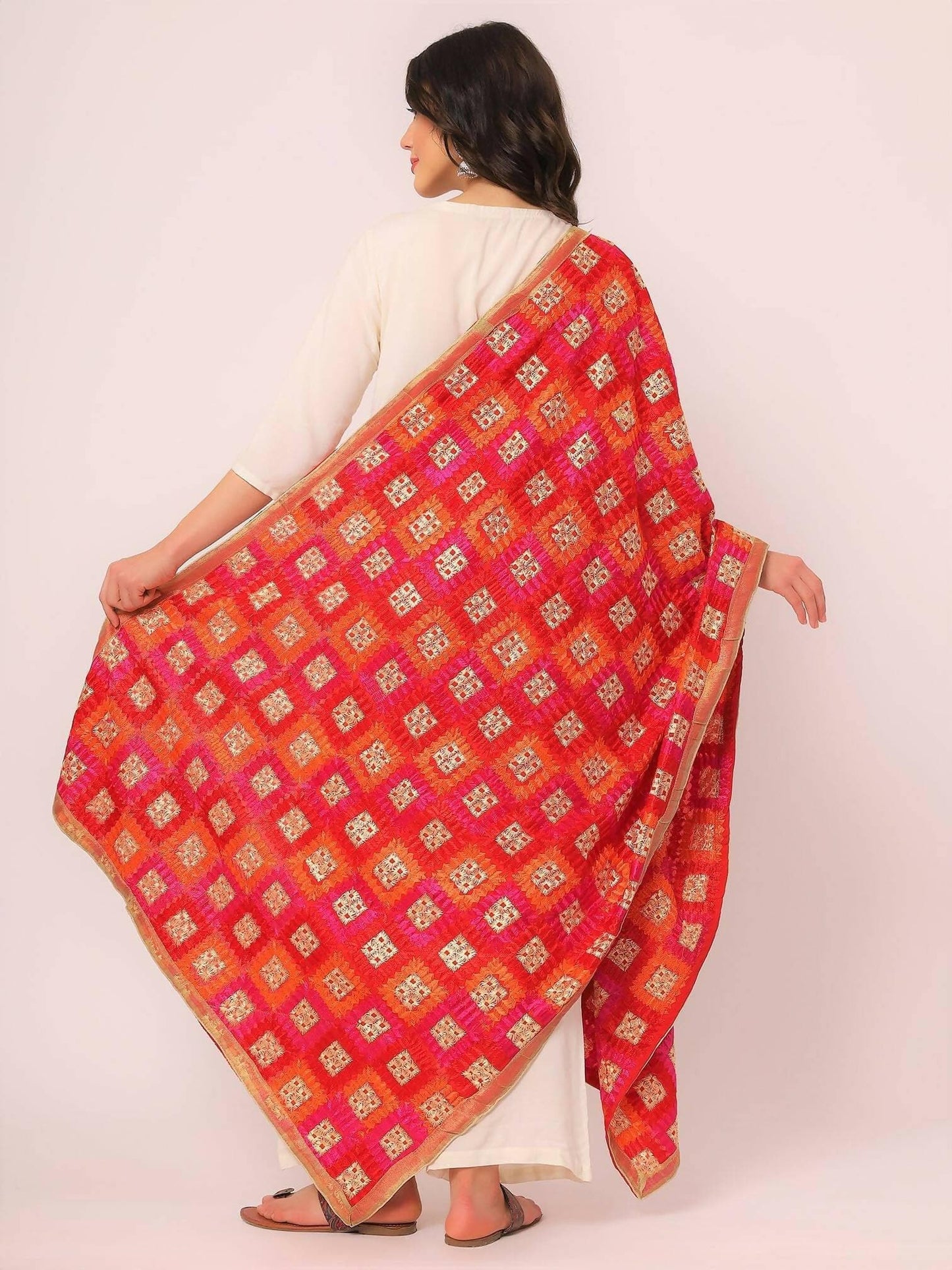 Red Multicolour Embroidery Phulkari Dupatta - HalfPe