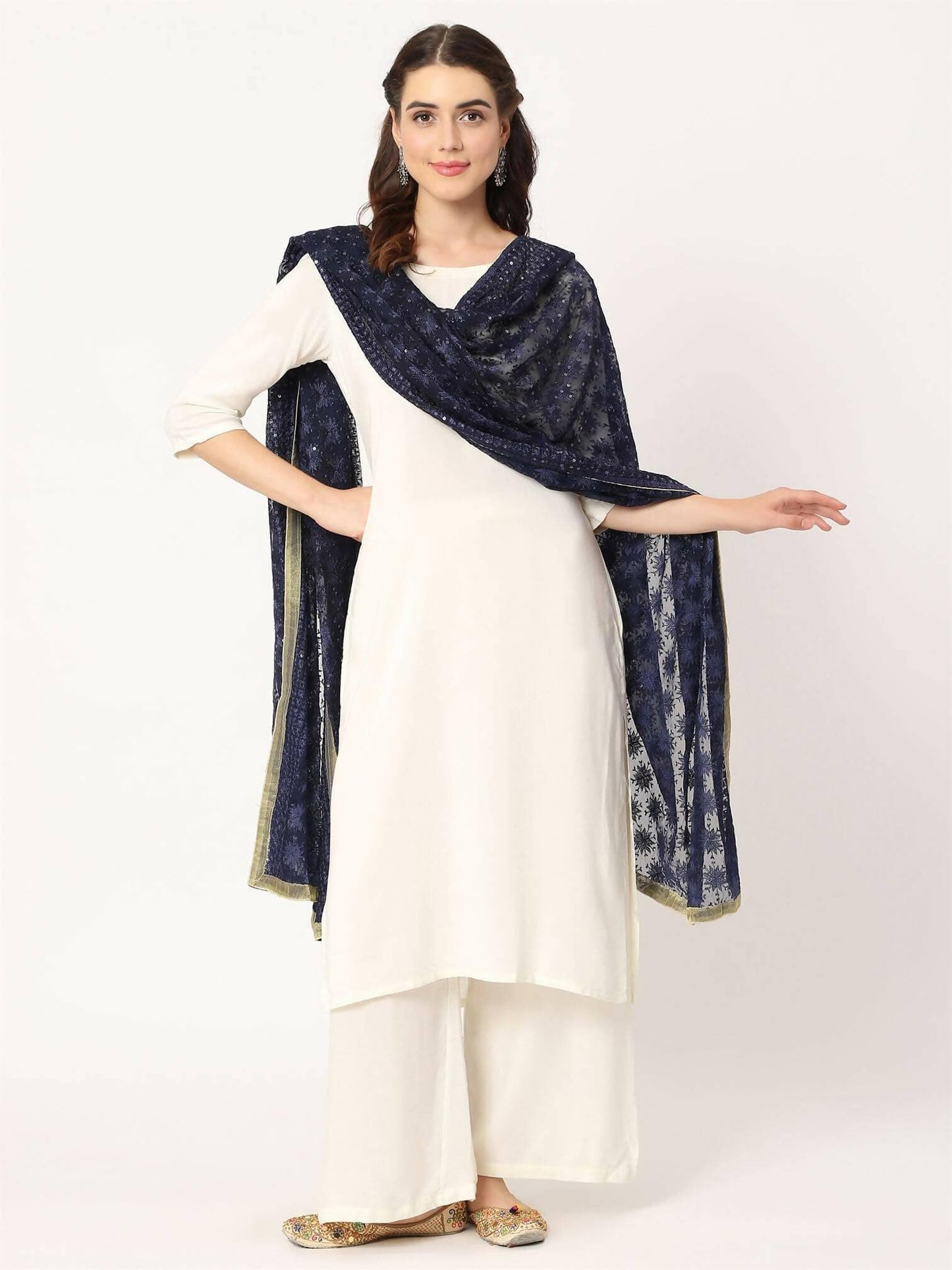 Navy Blue Sequined Phulkari Embroidery Dupatta - HalfPe