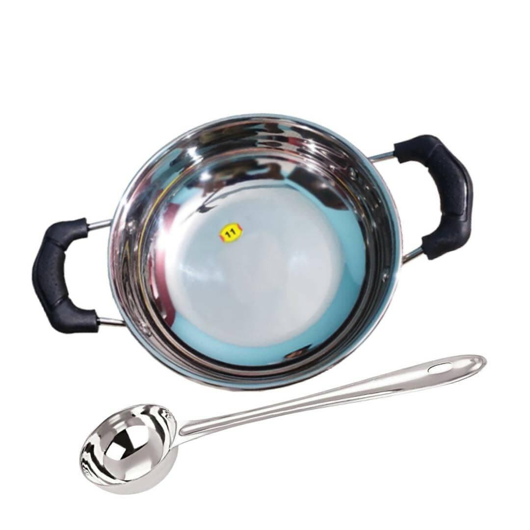 SHINI LIFESTYLE Triply Stainless Steel Kadai, Flat Bottom Induction Kadhai and kalchi Set (20cm) - HalfPe