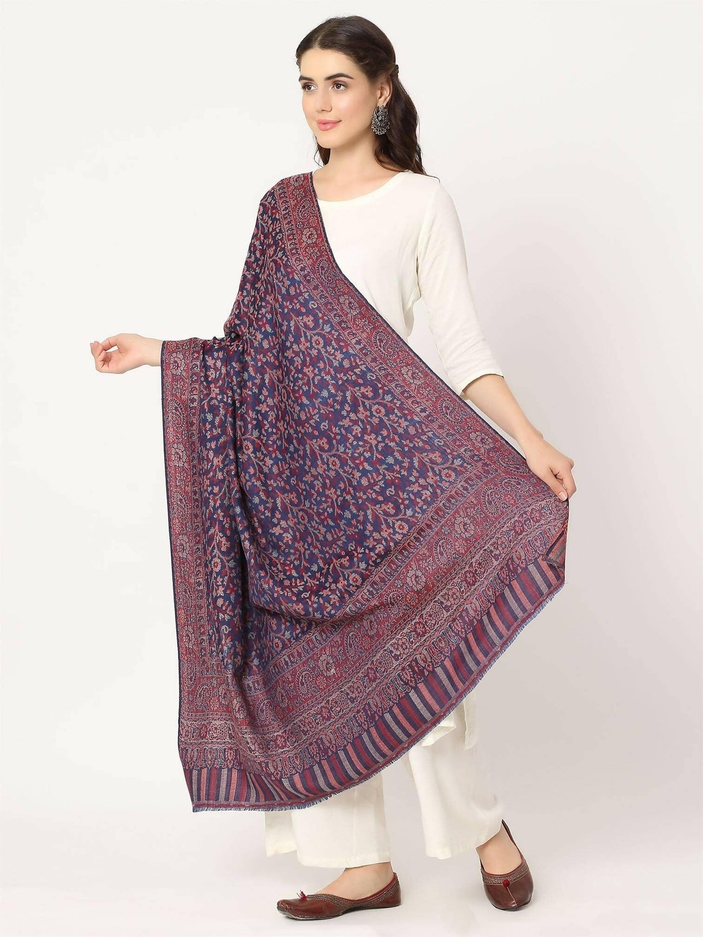 Blue Fine Wool Kani Multiweave Shawl for women - HalfPe