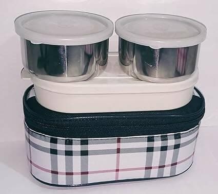 Cream Check Topware Delite Jagdamba 3 container Bag Tiffin lunch box (Pack of 2) - HalfPe