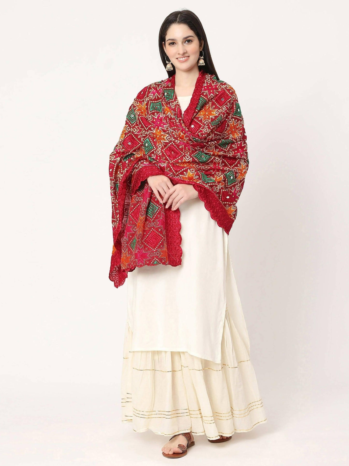 Maroon Multicolour Embroidery Phulkari Dupatta with Mirror Work - HalfPe